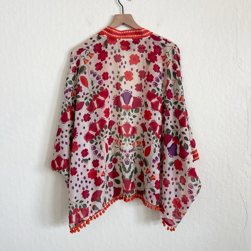 Colleen Lopez Orange Floral Embroidered Tasseled Open Front Kimono Medium/Large - Picture 6 of 6
